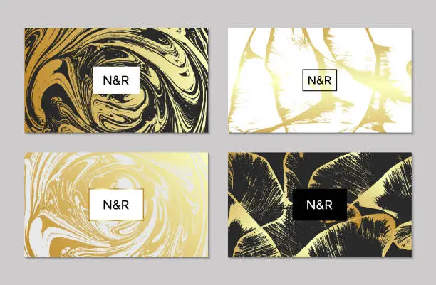 Vector illustration of Visiting card templates with golden, black and white abstract liquid painted decoration. Marble textured background