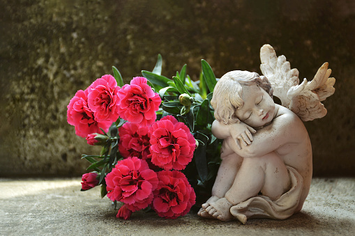 Guardian angel and dianthus flowers on concrete background