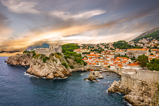 Dubrovnik fortress cityscape sunset, Croatia