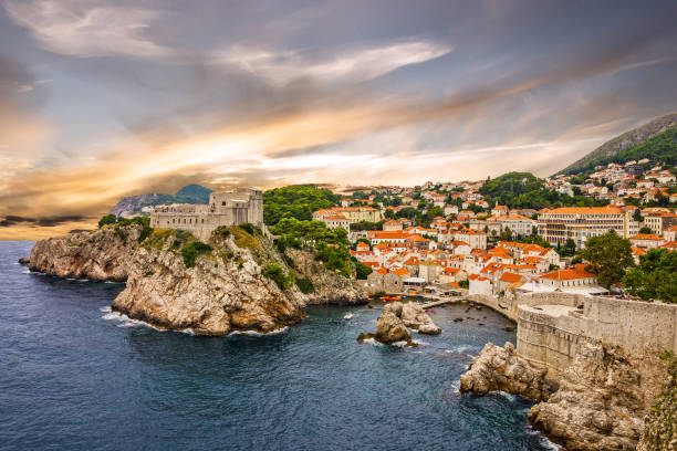 Dubrovnik fortress cityscape sunset, Croatia stock photo
