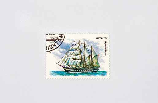 Old collectible stamp of the USSR Post with barquentine Vega