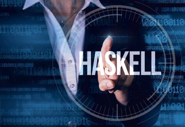 istock Business Woman with finger pressing Haskell button on virtual screens. 1405873620