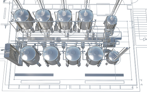 industrial metal construction industry with tanks above view. 3d rendering