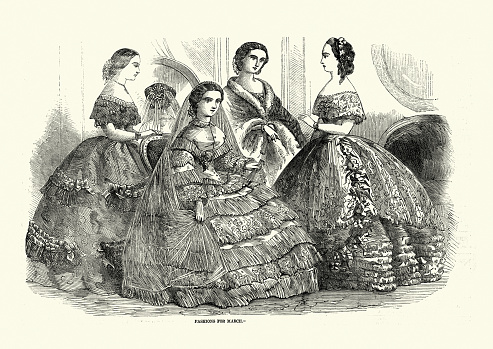 Vintage illustration Victorian women's fashions, large hoop skirts, 1850s, 19th Century