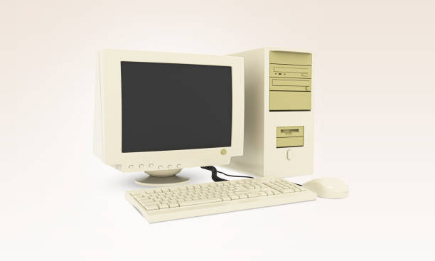 istock Old vintage desktop computer With keyboard and mouse. Old fashioned desktop PC. Retro style personal computer. 3D Rendered Illustration. 1405875089