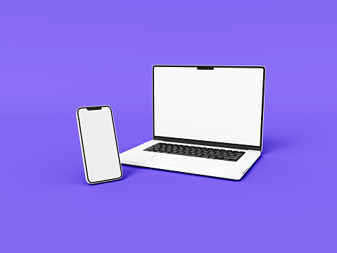 Laptop and Phone smartphone in on white background in minimal style for mockup and responsive website. Blank screen laptop computer, mobile phone 2022. 3D rendered illustration .
