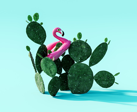 Pink flamingo inflatable with green cactus plant. Summer concept background 3D Rendering, 3D Illustration