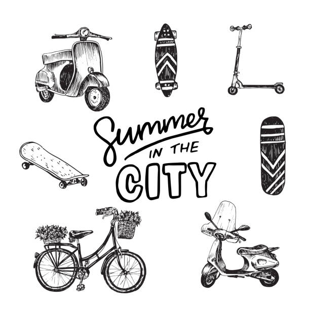 illustrations, cliparts, dessins animés et icônes de scooter esquissé, scateboard, vélo - moped