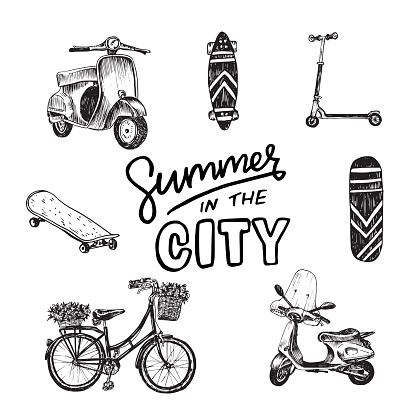 Set of hand drawn illustrations of two wheels transport and hand lettering inscription Summer In The City. Sketches of scooters, bicycle and skateboards.