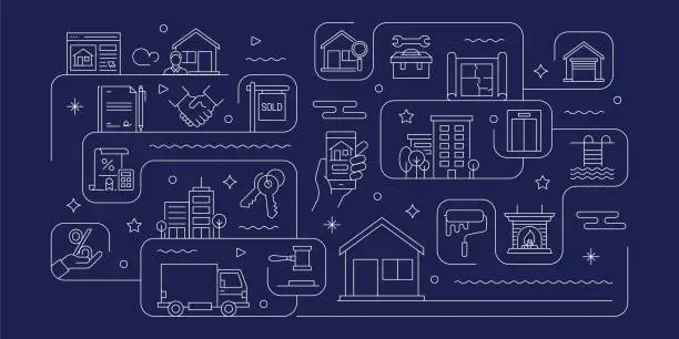 Vector illustration of Real Estate Related Vector Banner Design Concept, Modern Line Style with Icons