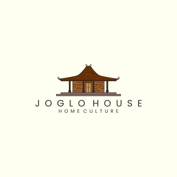 rumah joglo dengan desain template ikon lambang gaya vintage. jawa, tradisional, budaya, ilustrasi vektor - indonesia culture ilustrasi stok