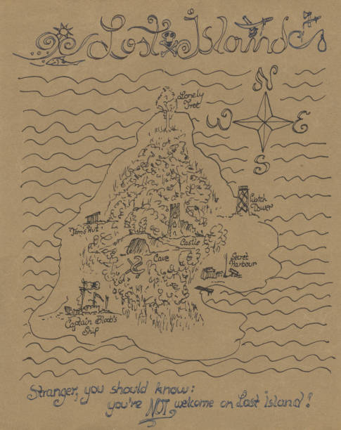 Lost Island was the secret hide-out of Captain Blood Drawing of a map of a fantasy island. It has a castle, a forest and a pirate ship treasure map texture stock illustrations