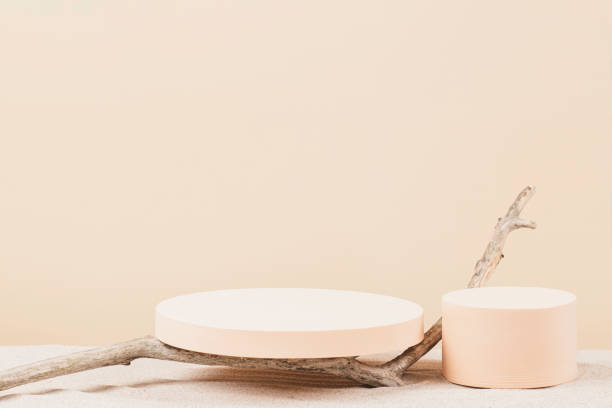 istock Two empty round beige platform podiums and dry tree twigs on white beach sand background. Minimal creative composition background for cosmetics or products presentation. Front view 1405880571