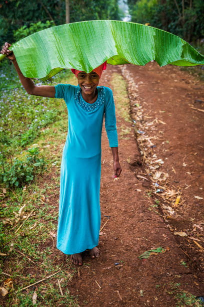 african little girl hiding from rain under banana leaf, ethiopia, east africa - africa rain east africa ethiopia imagens e fotografias de stock