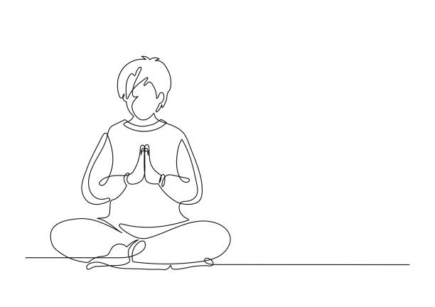 연꽃 포즈를 취하는 사람이 기도합니다. 연속 라인. - men yoga meditating cross legged stock illustrations