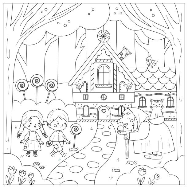 ilustrações, clipart, desenhos animados e ícones de página de colorir com hansel e gretel. - fairy tale house witch candy