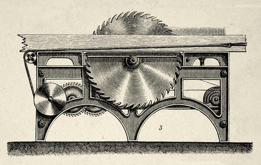 Vintage illustration, Victorian industrial machinery, circular saw, 1870s, 19th Century