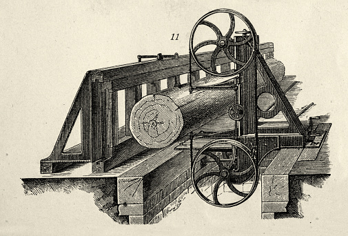 Vintage illustration, Victorian industrial machinery, Band saw with block, 1870s, 19th Century