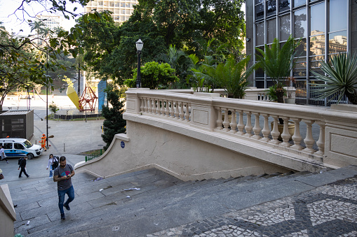 São Paulo, SP, Brazil, JUN 29, 2022, Man climbing access stairs to Libero Badaró street in downtown São Paulo