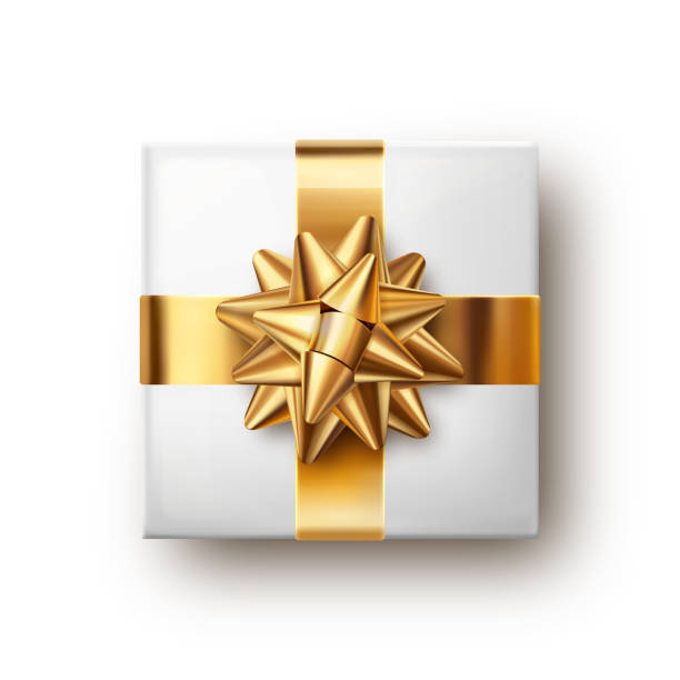 białe pudełko upominkowe ze złotą kokardką - gift box three dimensional shape box blank stock illustrations