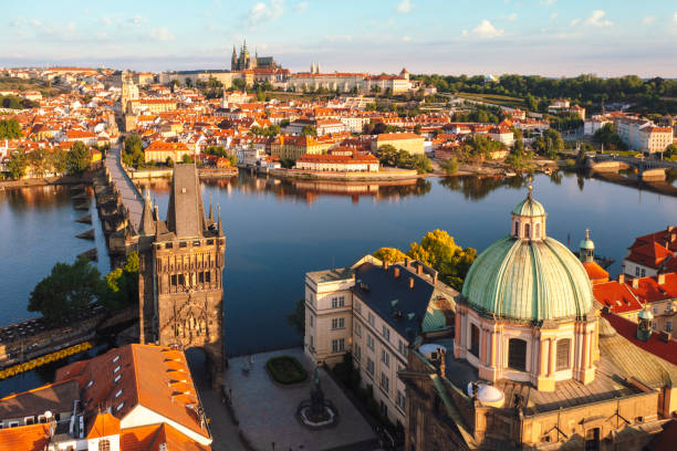 Aerial view of Charles bridge during sunrise in Prague Czech Republic Aerial view of Charles bridge during sunrise in Prague Czech Republic old town bridge tower stock pictures, royalty-free photos & images