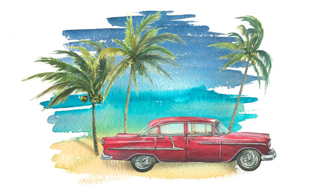 ilustraciones, imágenes clip art, dibujos animados e iconos de stock de un paisaje tropical con un coche rojo y palmeras en el fondo de una playa de mar. ilustración en acuarela. composición de un gran conjunto de cuba. para el diseño y decoración de banners, postales - cuba usa vintage car car