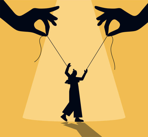 Concept of manipulation Concept of manipulation. Two hands control woman on rope, deceit and pretense. Metaphor for using person, subordinate. Abstract poster or banner for website. Cartoon flat vector illustration Domination stock illustrations