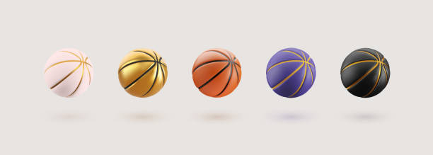 3d wektorowe kolorowe kosze kulki izolowane elementy projektu. kolekcja piłek sportowych w kolorze trendu koszykówki różowy, złoty, czarny, fioletowy i pomarańczowy na jasnym tle - piłka do koszykówki stock illustrations
