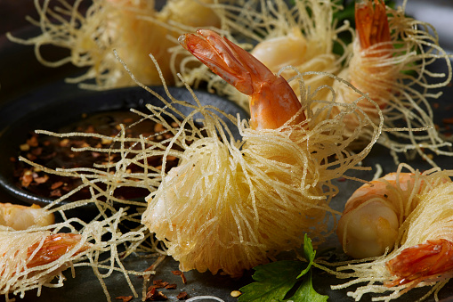 Deep Fried Prawns Wrapped with Rice Noodles and Deep Fried and Served with a Sweet Chili Sauce