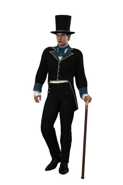 handsome caucasian man standing in regency style costume with top hat and cane. 3d illustration isolated on white with clipping path. - georgian style imagens e fotografias de stock