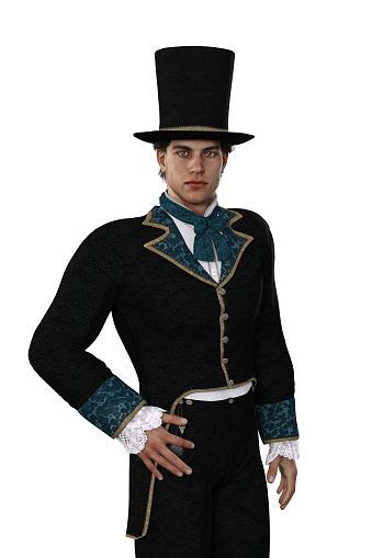 Portrait of a handsome caucasian man with dark hair in Regency styled costume with top hat. 3D illustration isolated on white with clipping path.