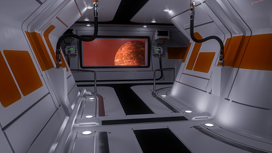 Corridor in a futuristic science fiction space ship or station with a planet seen through a window. 3D rendering.