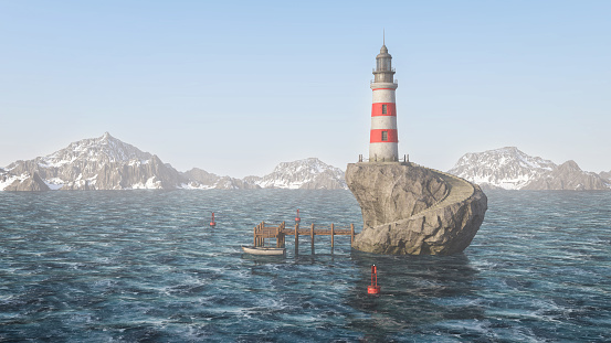 Old red and white lighthouse on a large rock in the sea with mountains in the distance. 3D render.