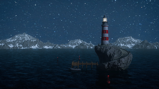 Lighthouse on a rock island at night with snow covered mountains in the background and stars in the sky. 3D render.
