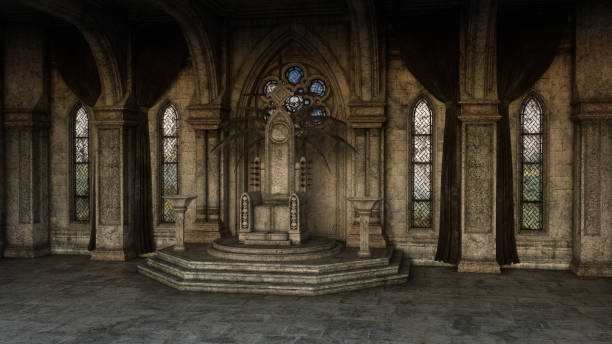 istock Fantasy medieval throne room with gothic arches and windows. 3D illustration. 1405890574