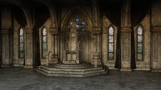 Fantasy medieval throne room with gothic arches and windows. 3D rendering.