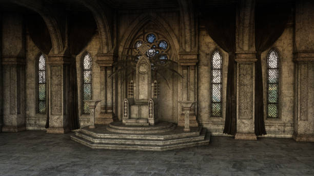 Fantasy medieval throne room with gothic arches and windows. 3D illustration. stock photo