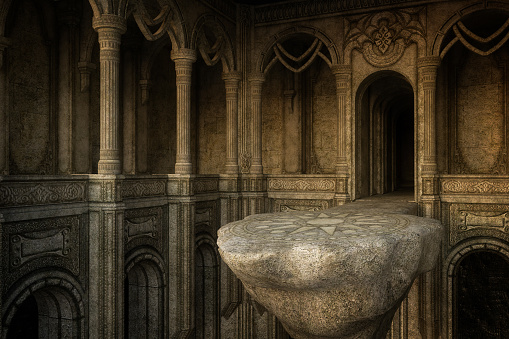 Fantasy medieval architectural interior with large high stone platform extending from a doorwar arch. 3D render.