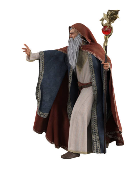 istock Powerful old wizard or sorceror with long grey beard holding magic staff and casting a spell. 3D illustration isolated on white with clipping path. 1405890587