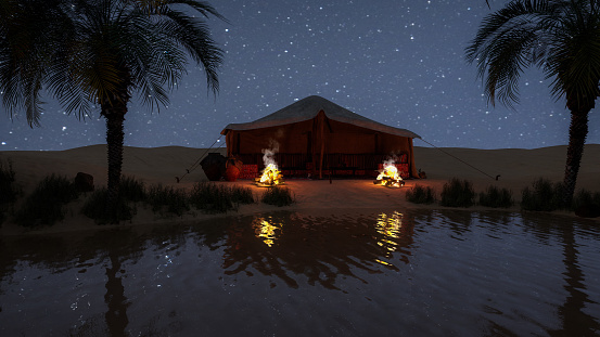 Desert oasis at night with Bedouin tent and stars in the sky. 3D render.