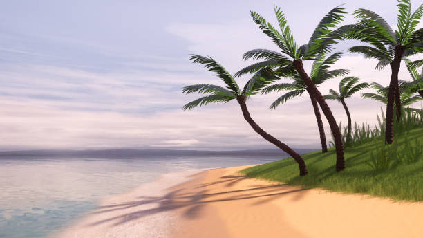 istock Tropical island beach with palm trees casting shadows on the sand. 3D illustration. 1405890615