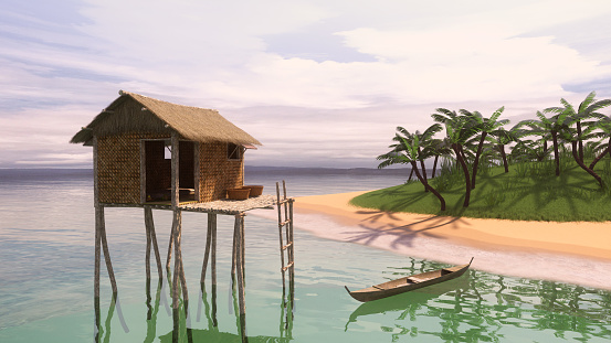 Wooden hut on stilts and a small boat in the sea near the beach of a tropical island with palm trees. 3D rendering