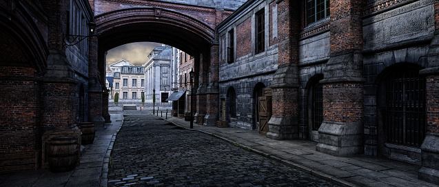 Old Victorian city street archway and cobblestones. Steampunk concept urban panoramic 3D render.