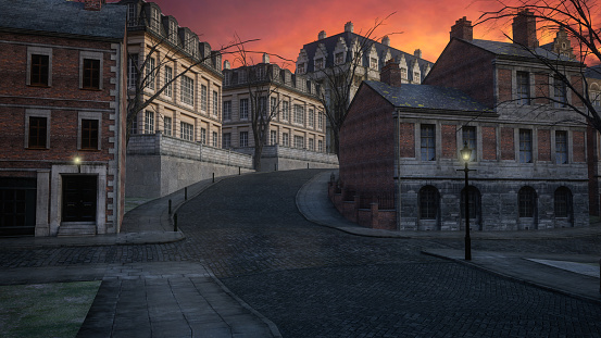 Wide empty cobbled street leading up hill in an old Victorian steampunk city. 3D render.