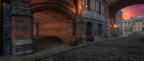 Old Victorian city street in evening light. Steampunk environment concept 3D illustration. stock photo