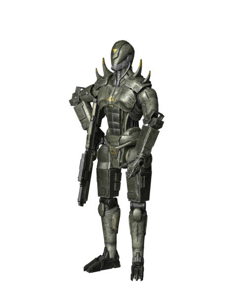 istock Futuristic robot soldier standing guard with a gun. 3D rendering isolated on white with clipping path. 1405890690