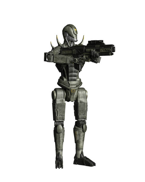 istock Futuristic robot soldier standing aiming a gun. 3D rendering isolated on white with clipping path. 1405890691