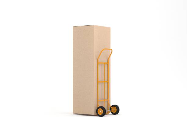 Hand Truck with large cardboard box with refrigerator on white background, 3d rendering