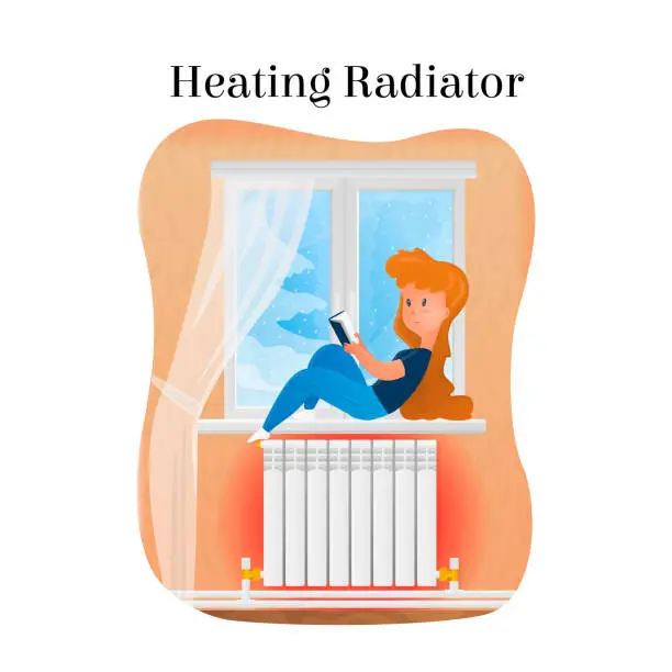 Vector illustration of a woman, window, view of winter, radiator