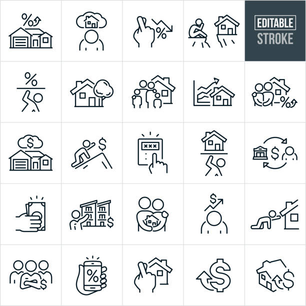 Unaffordable House Prices Thin Line Icons - Editable Stroke A set of unaffordable house prices icons that include editable strokes or outlines using the EPS vector file. The icons include a house with a high interest rate for purchase, depressed person shopping for homes that are unaffordable, fingers crossed that interest rates go down, person with head in hands sitting on one side of a cliff with the house on the other representing a house that is unattainable, person being crushed by high interest rate, family standing in front of a house, house rising in price, couple purchasing house with high interest rate, expensive house, person crawling up mountain reaching for more money to buy home, hand calculating high price on calculator, person being crushed by expensive house, depressed person taking out a home mortgage, hand handing over cash, real estate agent showing off expensive condos, rising prices on homes, desperate person on knees reaching for a house that is out of reach, group of realtors earning high commissions from real estate sales, smartphone with interest rate sign on screen, fingers crossed that a person will be able to afford a home, rising prices and a house with a dollar sign and upwards arrow representing unaffordable house prices. housing difficulties stock illustrations